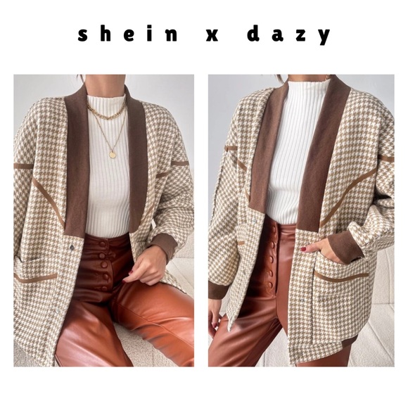 shein dazy • brown & white houndstooth snap button overcoat jacket - Picture 2 of 16